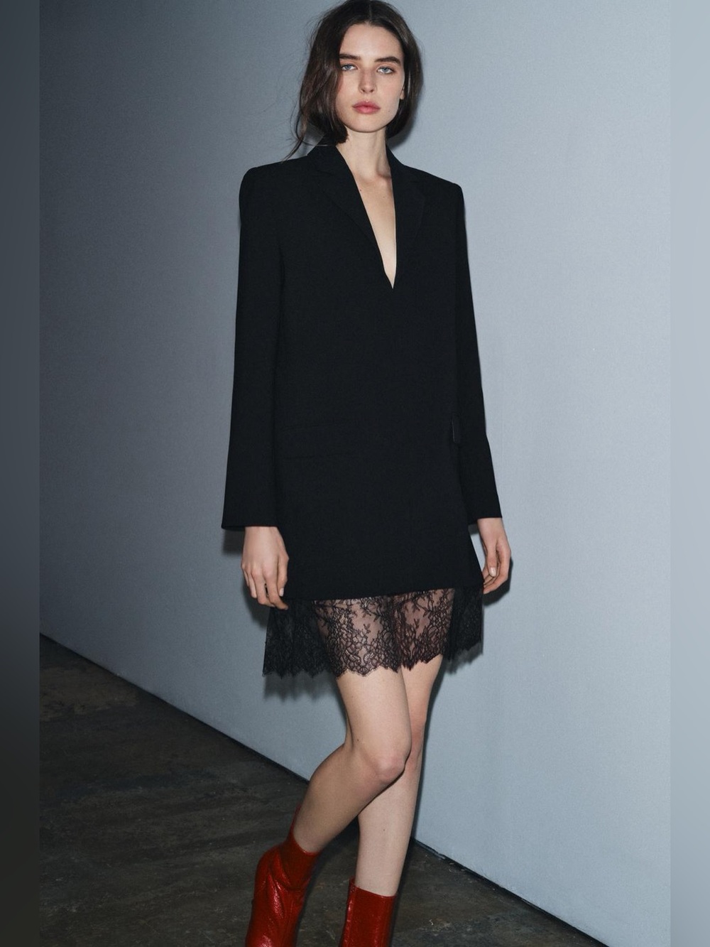 Zara Black Lace Hem V-Neck Long Sleeve Blazer Dress
